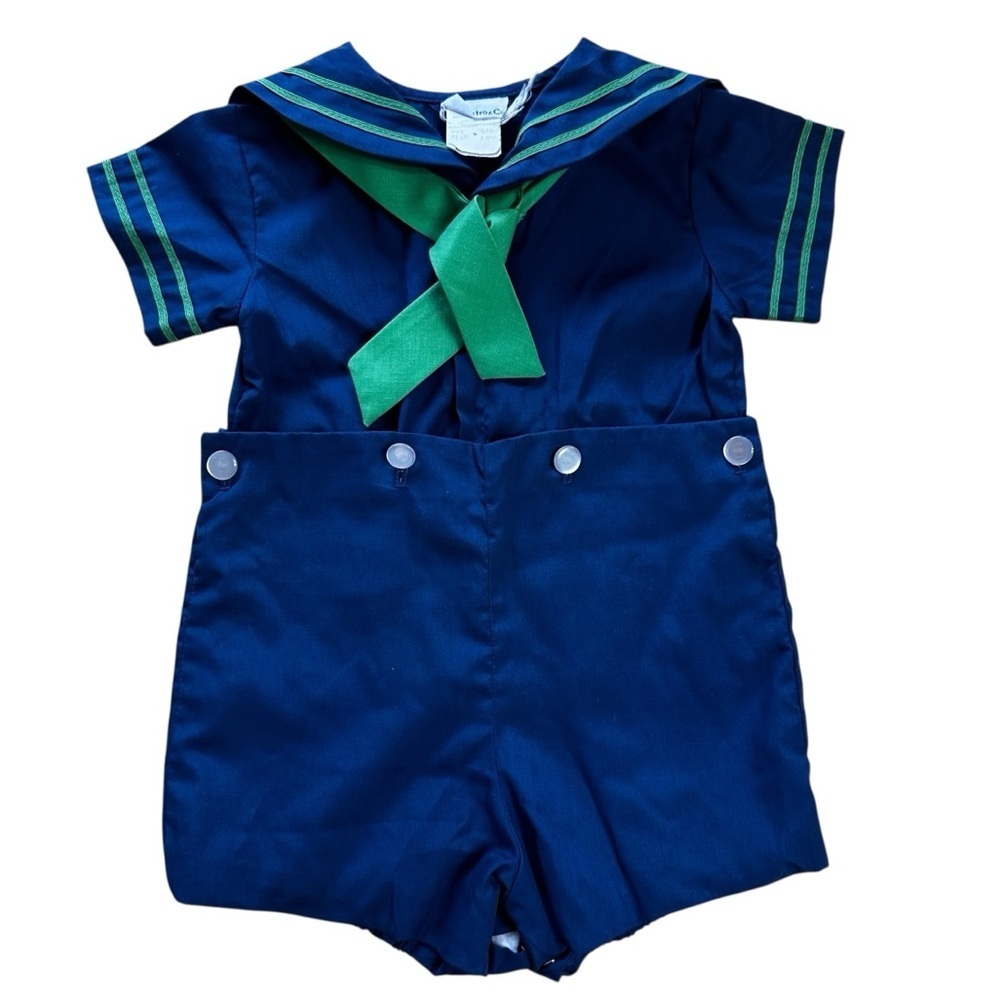 Vintage Baby Sailor Romper Navy Blue Green Nautical One-Piece Outfit Size 3-6 Mo